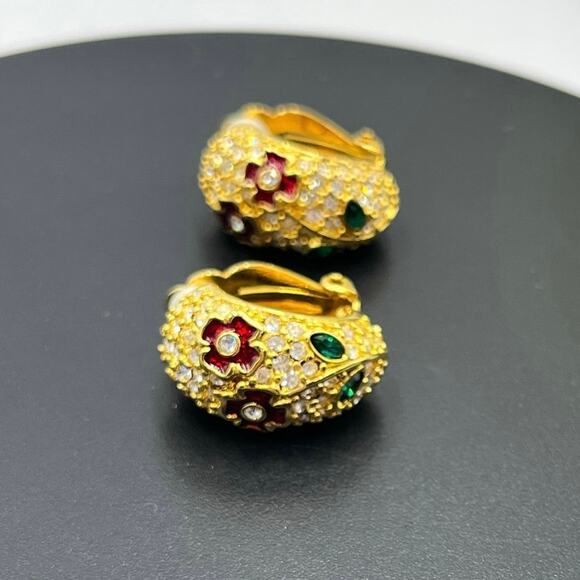 Joan Rivers Vintage Gold Plated Pave Red Rhinestone Flower Clip On Earrings - Picture 1 of 9